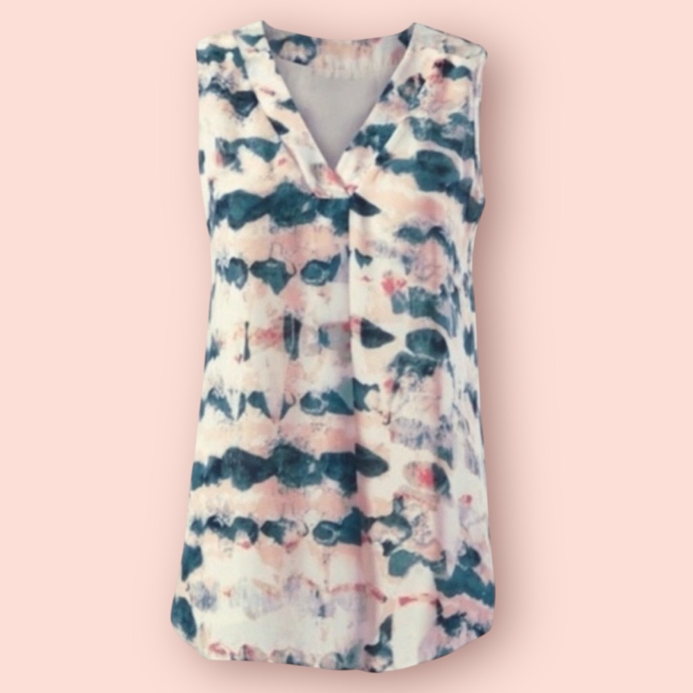 Cabi Gelato Watercolor Sleeveless Blouse Women’s M (8/10) Soft Peach/Teal